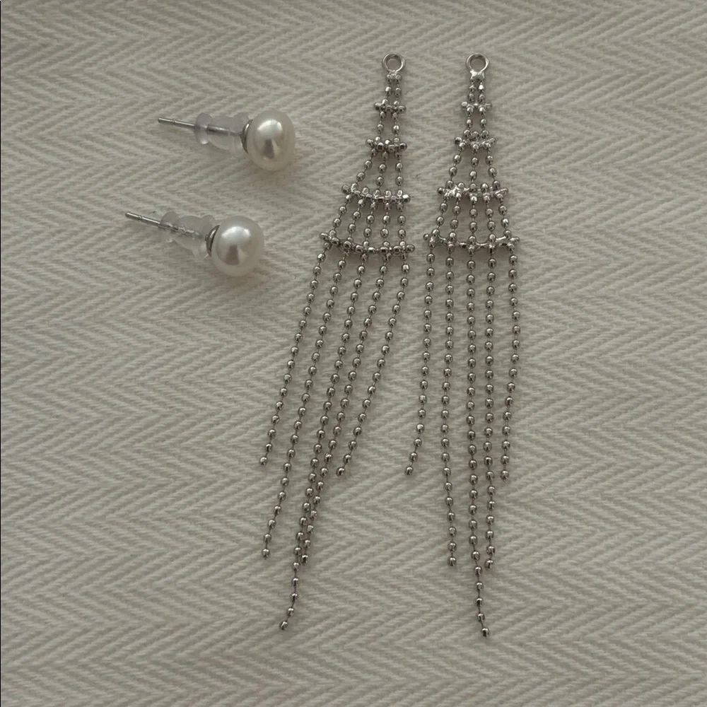 Pearl Tassel Earrings | Sterling Silver Posts | Holiday Elegant Gift for Her - Picture 4 of 7